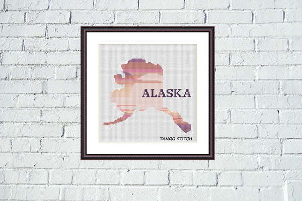 Alaska state map silhouette sunset cross stitch pattern - Tango Stitch