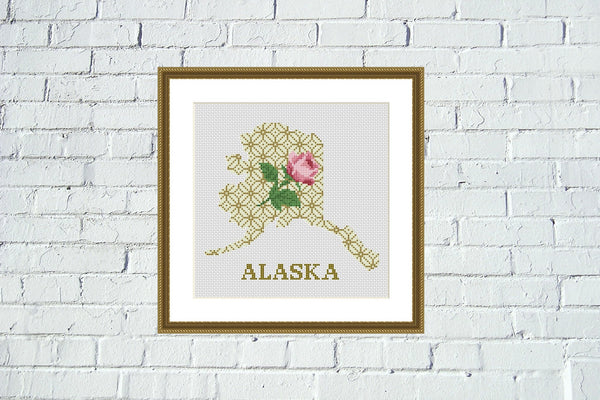 Alaska map cross stitch pattern floral ornament embroidery - JPCrochet
