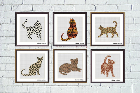 Animal print ornament cats cross stitch Set of 6 patterns, Tango Stitch