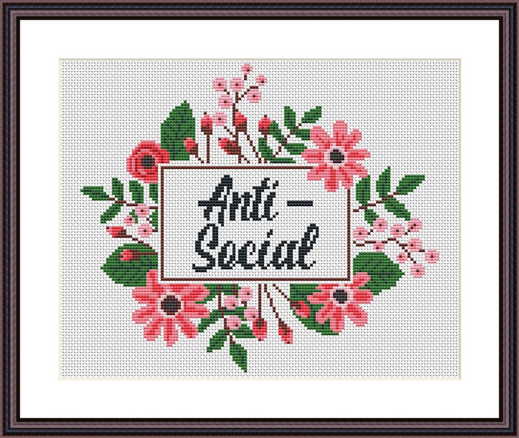Anti-Social funny cross stitch pattern floral frame - Tango Stitch