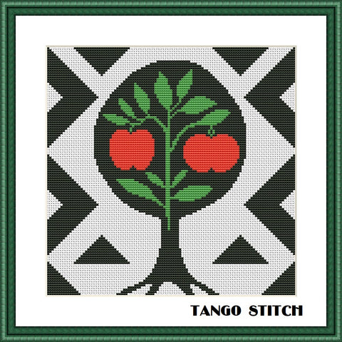 Cute red apple tree abstract cross stitch pattern - Tango Stitch