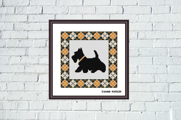 Orange argyle Scottish Terrier cute dog cross stitch pattern