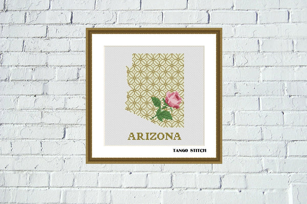 Arizona state map rose ornament cross stitch pattern