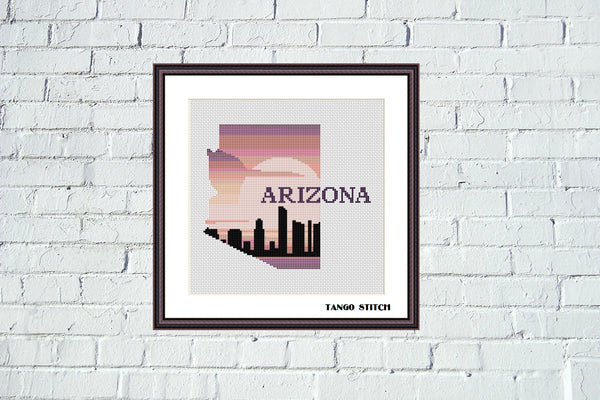 Arizona state map skyline silhouette sunset cross stitch pattern