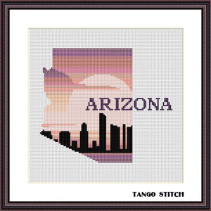 Arizona state map skyline silhouette sunset cross stitch pattern
