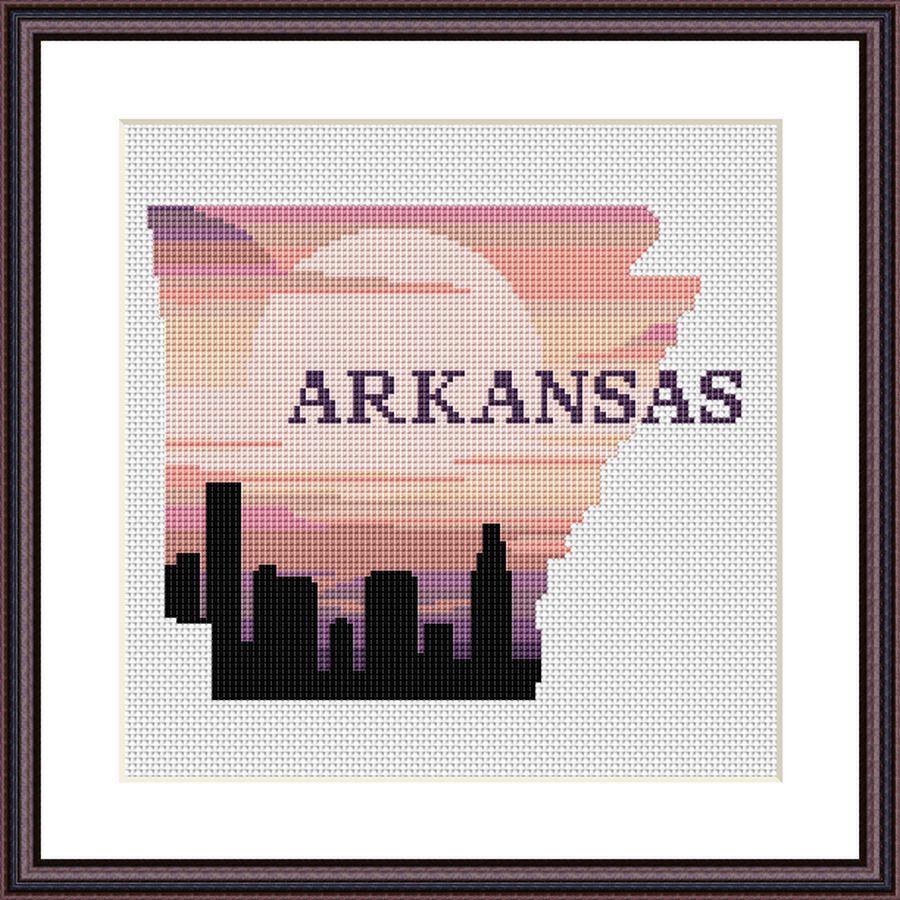Arkansas state map sunset silhouette cross stitch pattern - JPCrochet