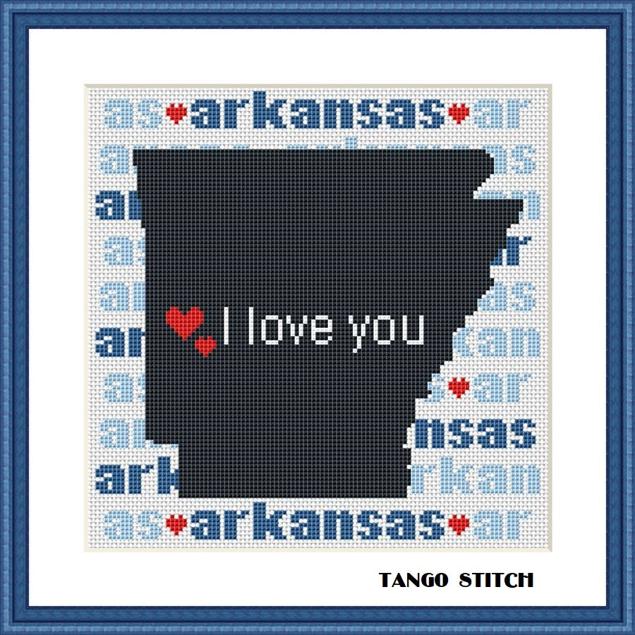 Arkansas state map silhouette typography cross stitch pattern - Tango Stitch