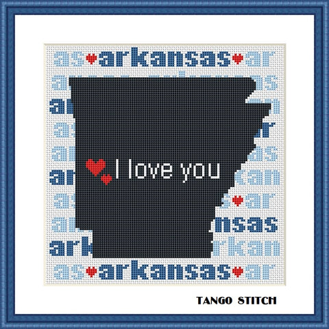 Arkansas state map silhouette typography cross stitch pattern - Tango Stitch