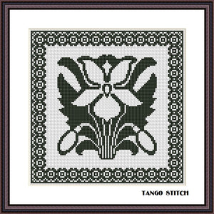 Art Nouveau black flower cross stitch floral hand embroidery - Tango Stitch
