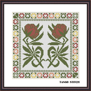 Red Art Nouveau flower cross stitch hand embroidery pattern  - Tango Stitch