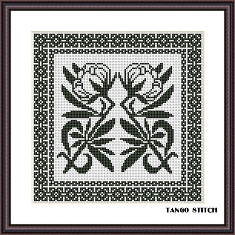 Art Nouveau black flower cross stitch ornament - Tango Stitch