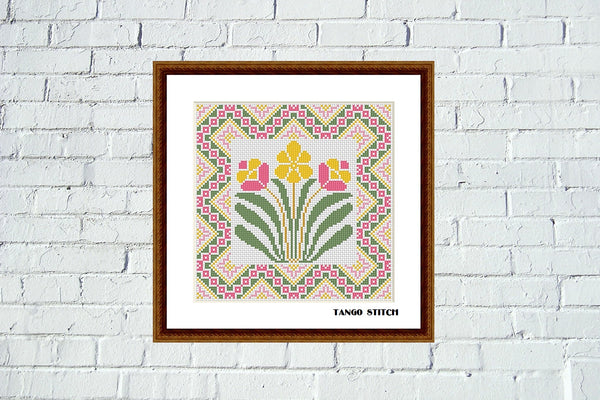 Pink Art nouveau flower cross stitch ornament embroidery pattern
