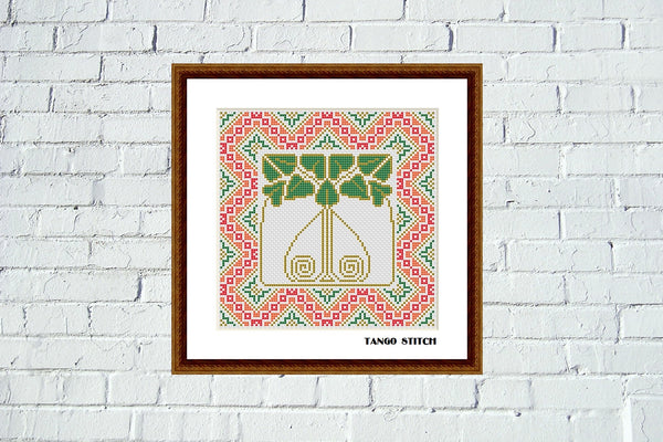 Green Art nouveau floral ornament cross stitch pattern