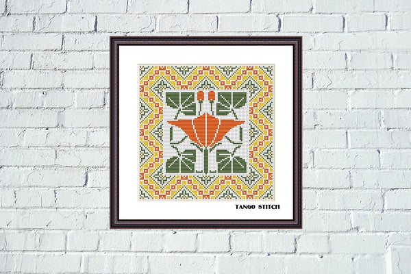 Art nouveau orange lily flower cross stitch ornament pattern