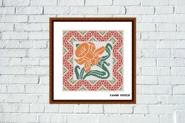 Orange lily flower Art nouveau cross stitch embroidery pattern