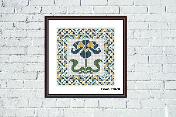 Art nouveau iris flower cross stitch ornament pattern