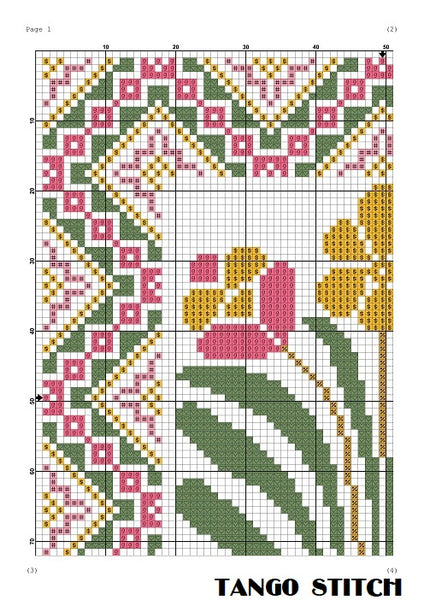 Pink Art nouveau flower cross stitch ornament embroidery pattern