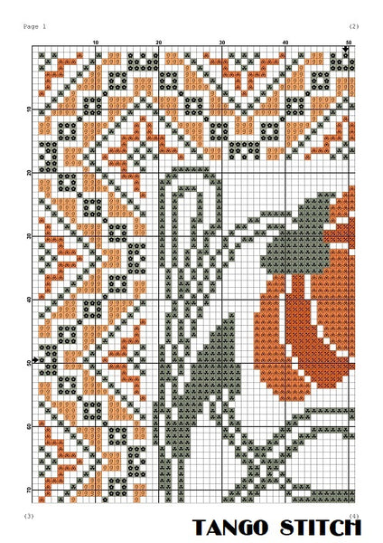 Art nouveau orange flower cross stitch design easy embroidery pattern