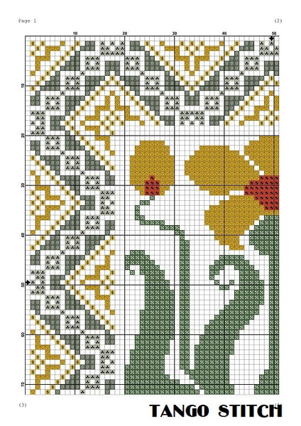 Yellow Art nouveau ornament flower cross stitch embroidery design