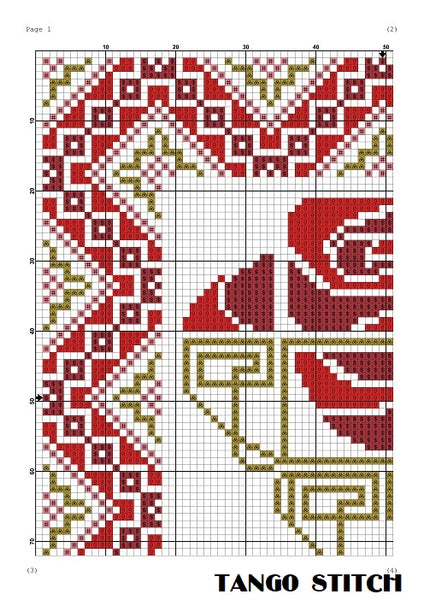 Red Art nouveau flower cross stitch ornament embroidery design