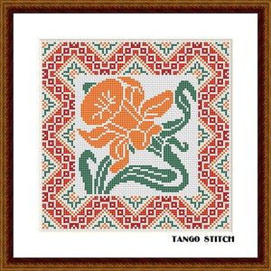 Orange lily flower Art nouveau cross stitch embroidery pattern