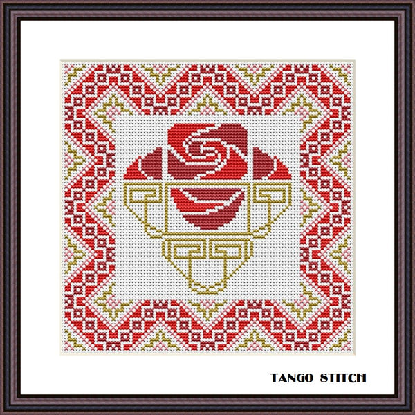Red Art nouveau flower cross stitch ornament embroidery design