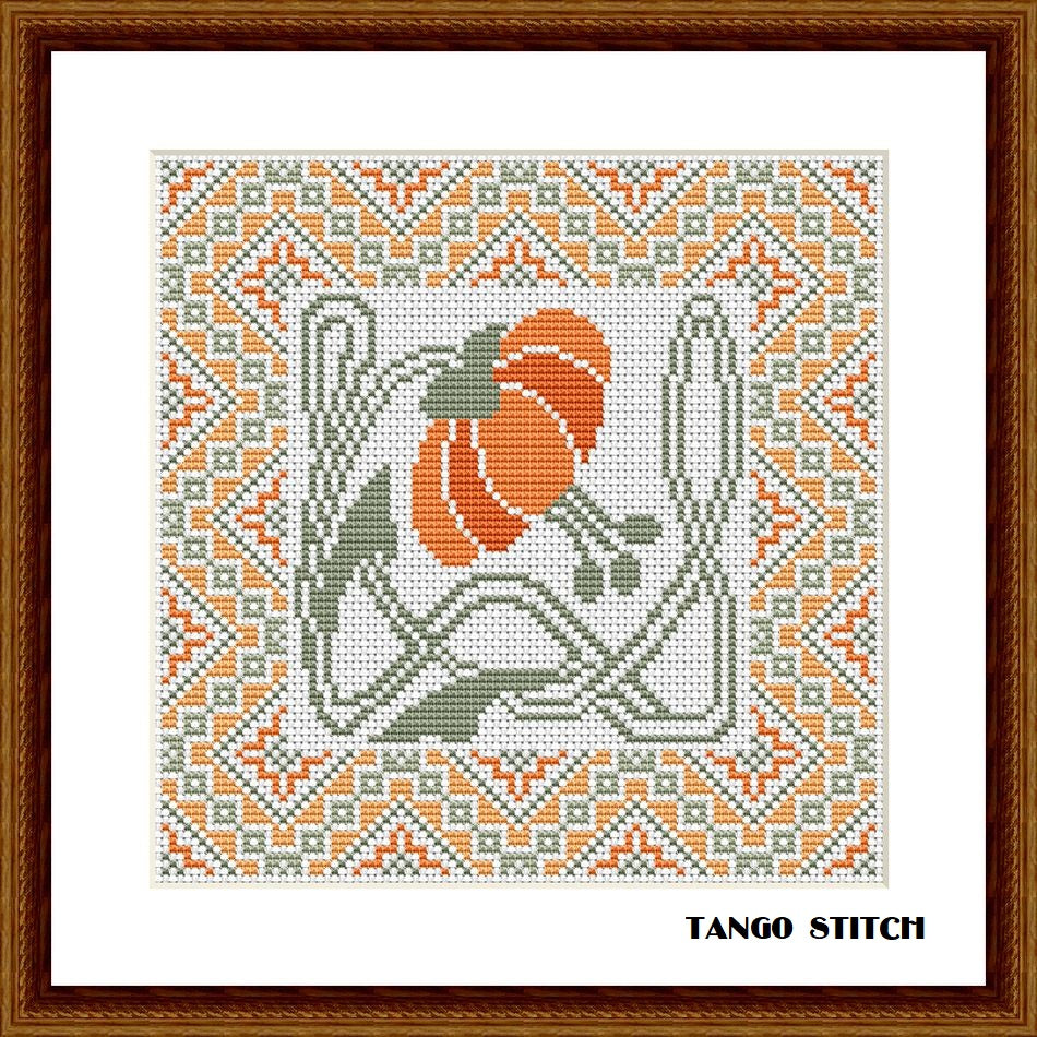 Art nouveau orange flower cross stitch design easy embroidery pattern