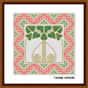 Green Art nouveau floral ornament cross stitch pattern
