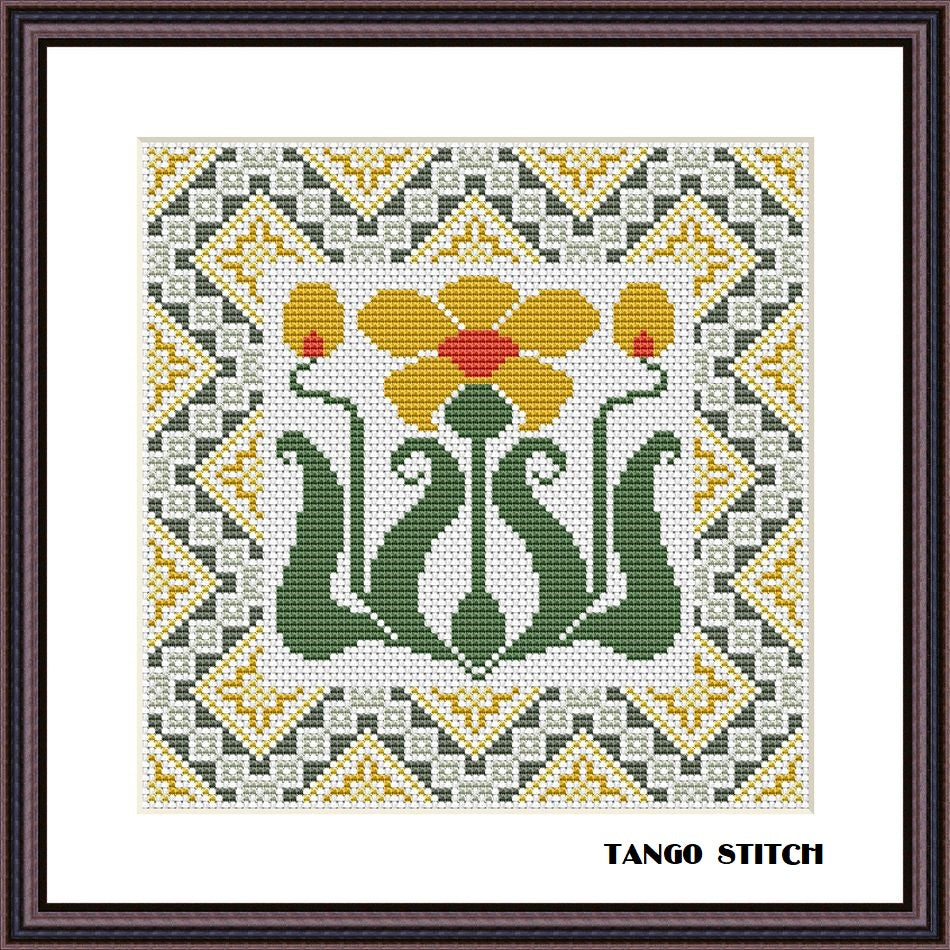 Yellow Art nouveau ornament flower cross stitch embroidery design