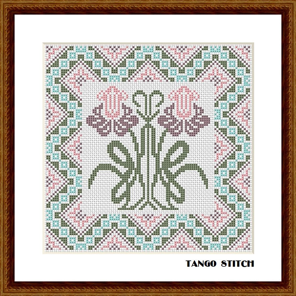 Art nouveau pink flower cross stitch ornament pattern