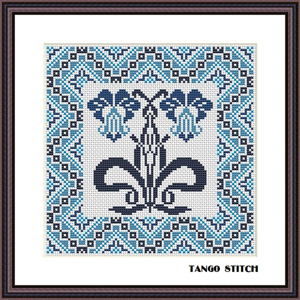 Blue Art nouveau cute flower cross stitch ornament pattern