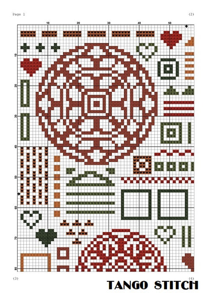 Aztec orange cross stitch ornaments sampler embroidery - Tango Stitch