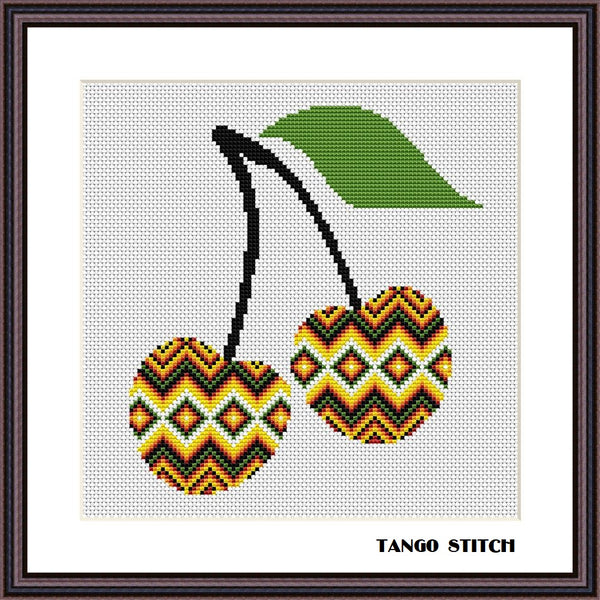 Aztec ornament cherry cross stitch embroidery pattern