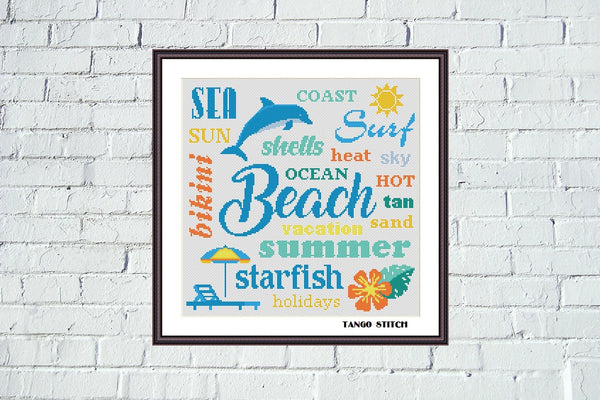 Beach summer holiday word cloud cross stitch pattern - Tango Stitch