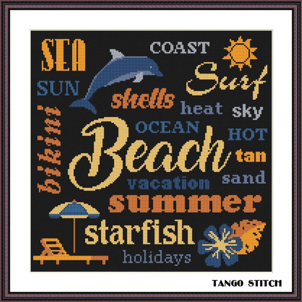 Summer beach letters cross stitch pattern Tango Stitch