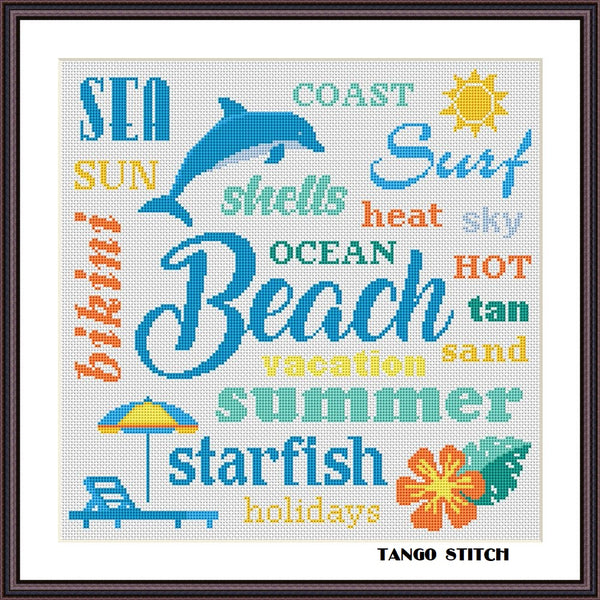 Beach summer holiday word cloud cross stitch pattern - Tango Stitch