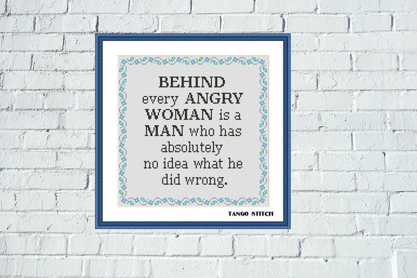 Behind angry woman funny romantic cross stitch pattern