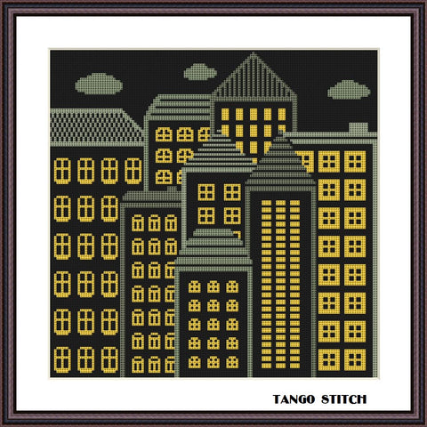 Big city lights night landscape cross stitch pattern - Tango Stitch