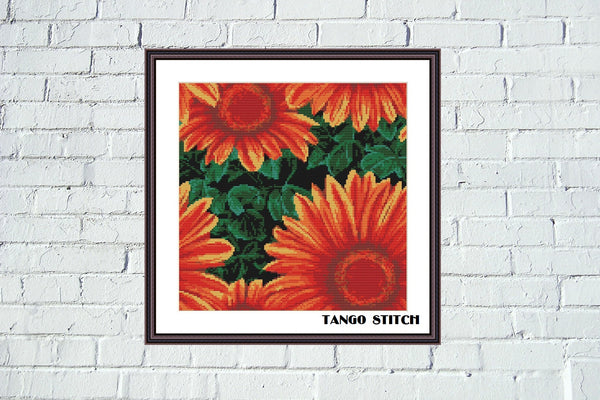 Sunflower cross stitch orange floral hand embroidery - Tango Stitch