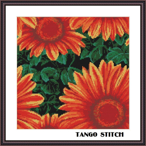 Sunflower cross stitch orange floral hand embroidery - Tango Stitch