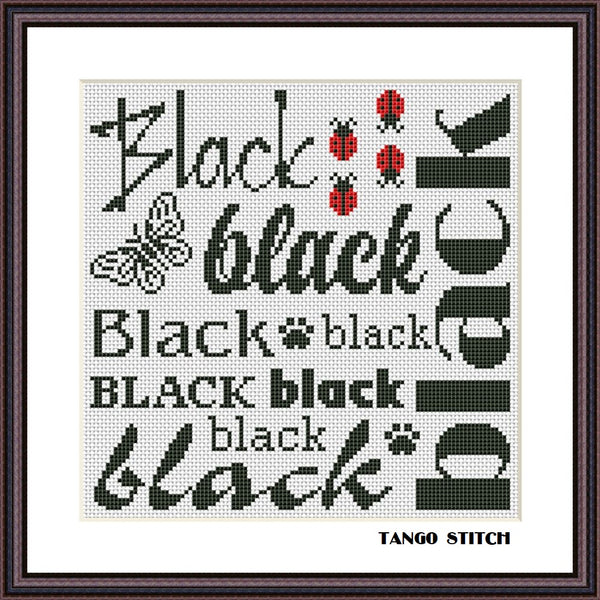 Black words cloud typography cross stitch pattern - Tango Stitch