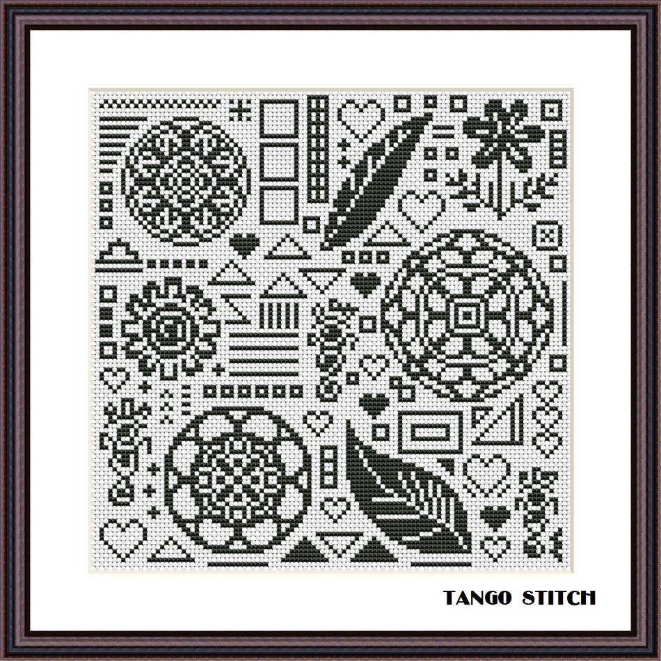 Black ornament cross stitch pattern sampler