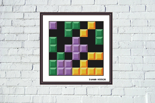 Orange green violet block puzzle cross stitch pattern