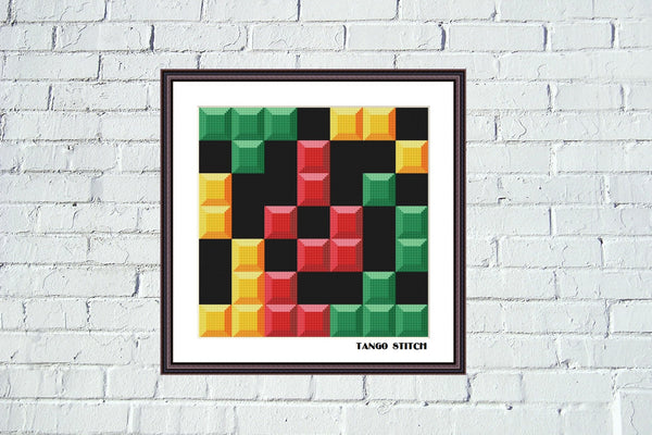 Yellow green red block puzzle game cross stitch pattern
