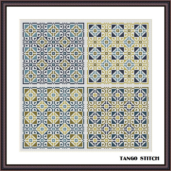 Gold blue ornament cross stitch sampler pattern