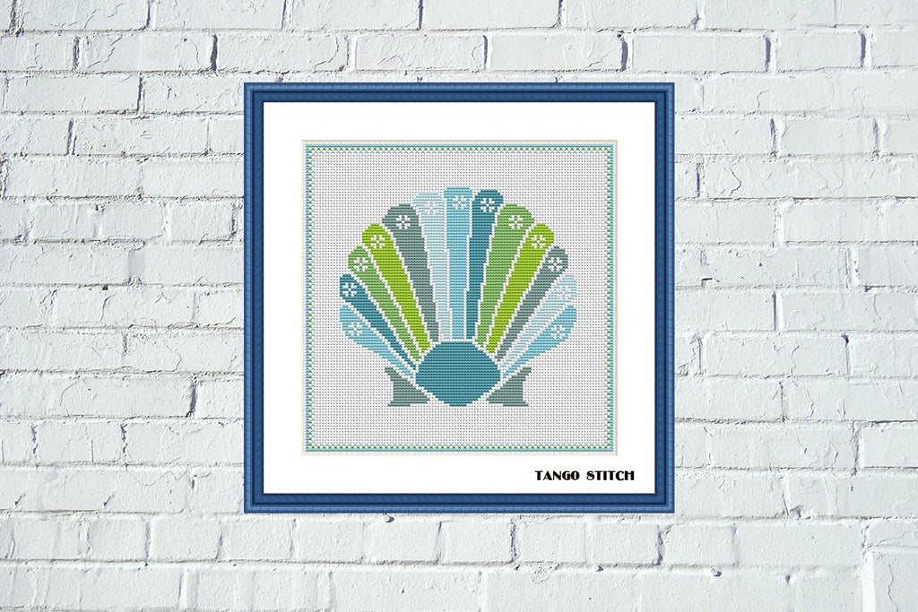 Blue green geometric shell nursery cross stitch pattern – JPCrochet