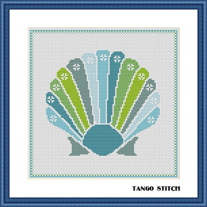 Blue green geometric shell nursery cross stitch pattern