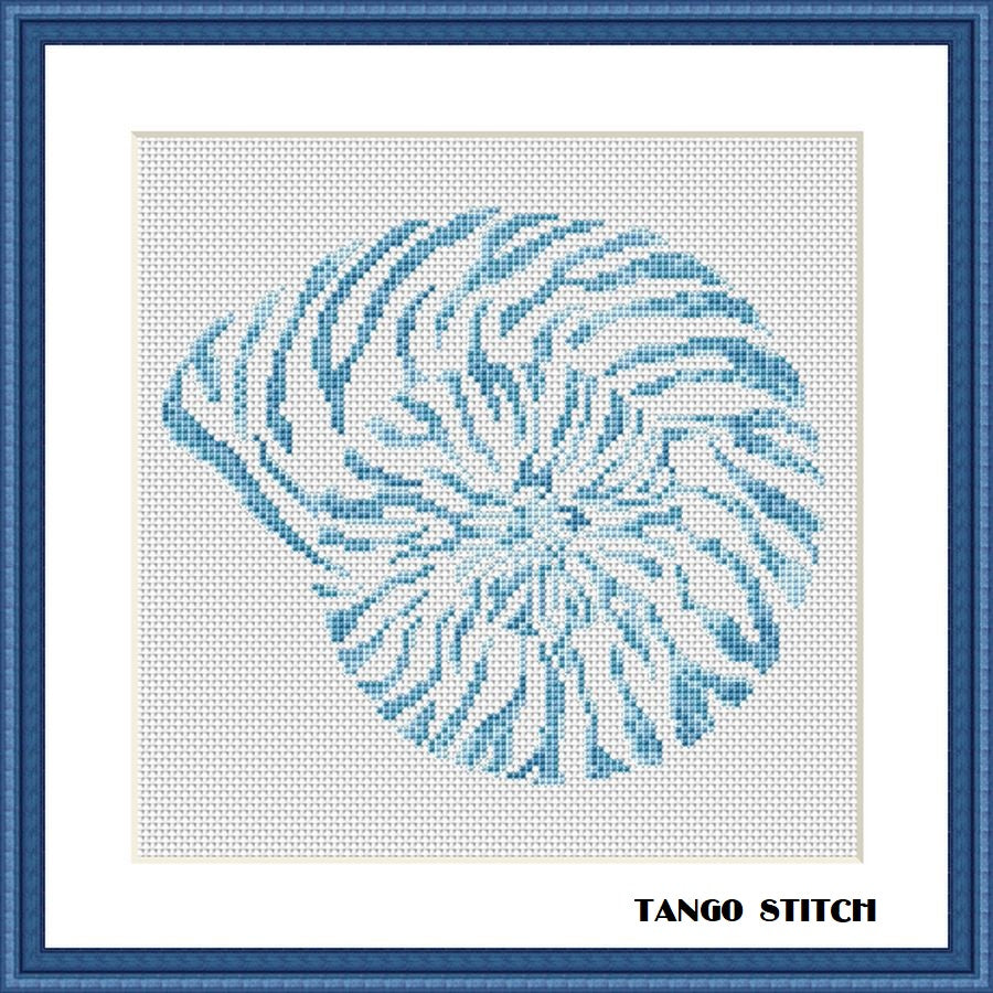 Blue shell sea creature watercolor cross stitch pattern