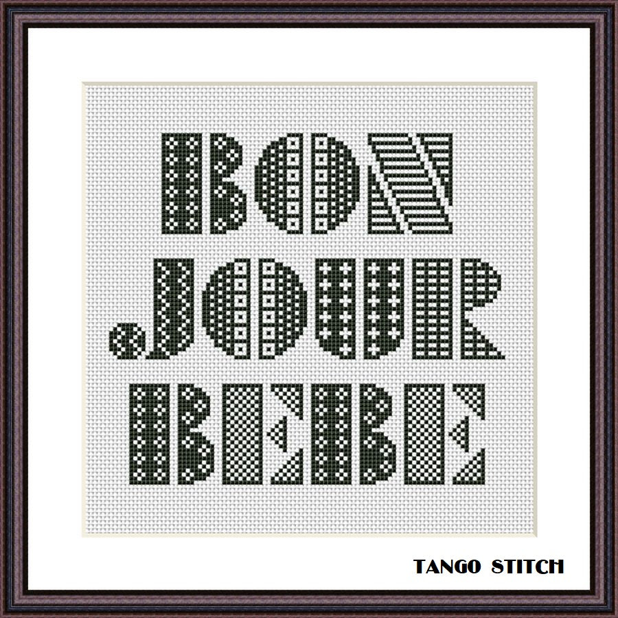 Bonjour Bebe lettering cross stitch pattern, Tango Stitch