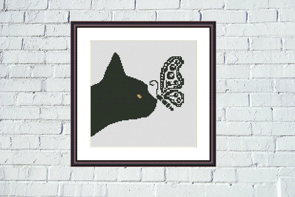 Black cat & butterfly xstitch pattern Cute animal embroidery design - Tango Stitch